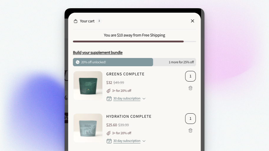 Bundle Builder cart progress bar widget showing the current discount tier and items needed for the next tier