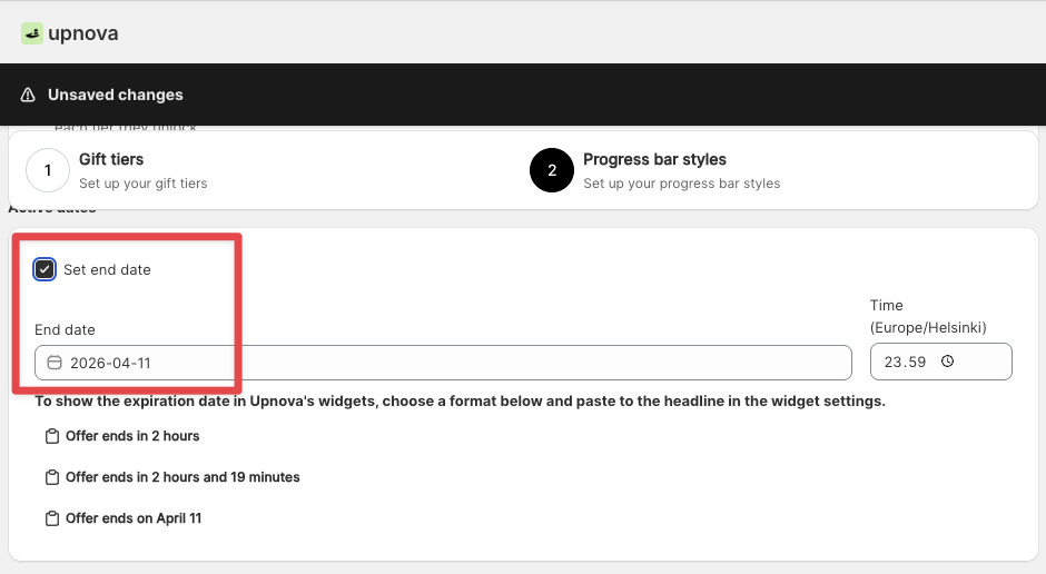 Setting an end date on a Free Gift offer in Upnova