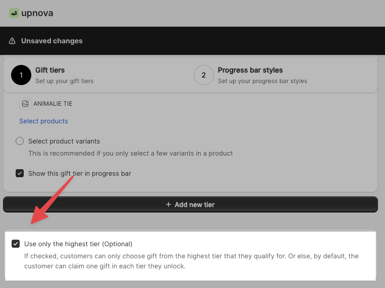 Limit to one gift total setting in Upnova