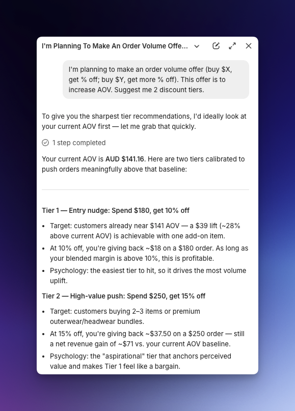 Shopify Sidekick chat showing the order volume tier prompt and suggested spend thresholds with discount percentages
