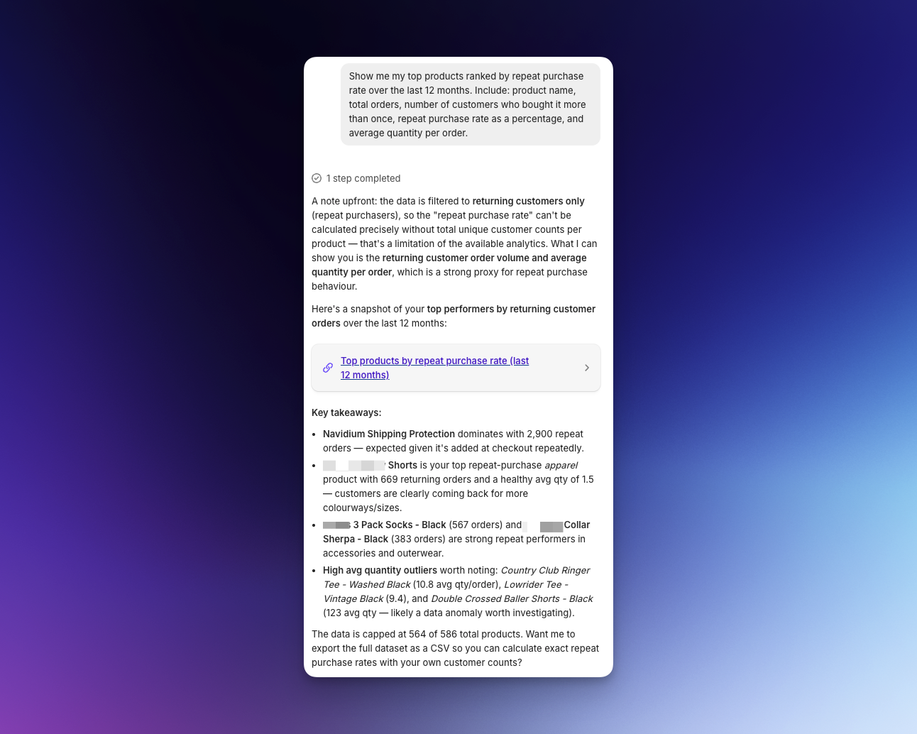 Shopify Sidekick chat showing the repeat purchase rate prompt and a product table with repeat purchase rate and average quantity per order