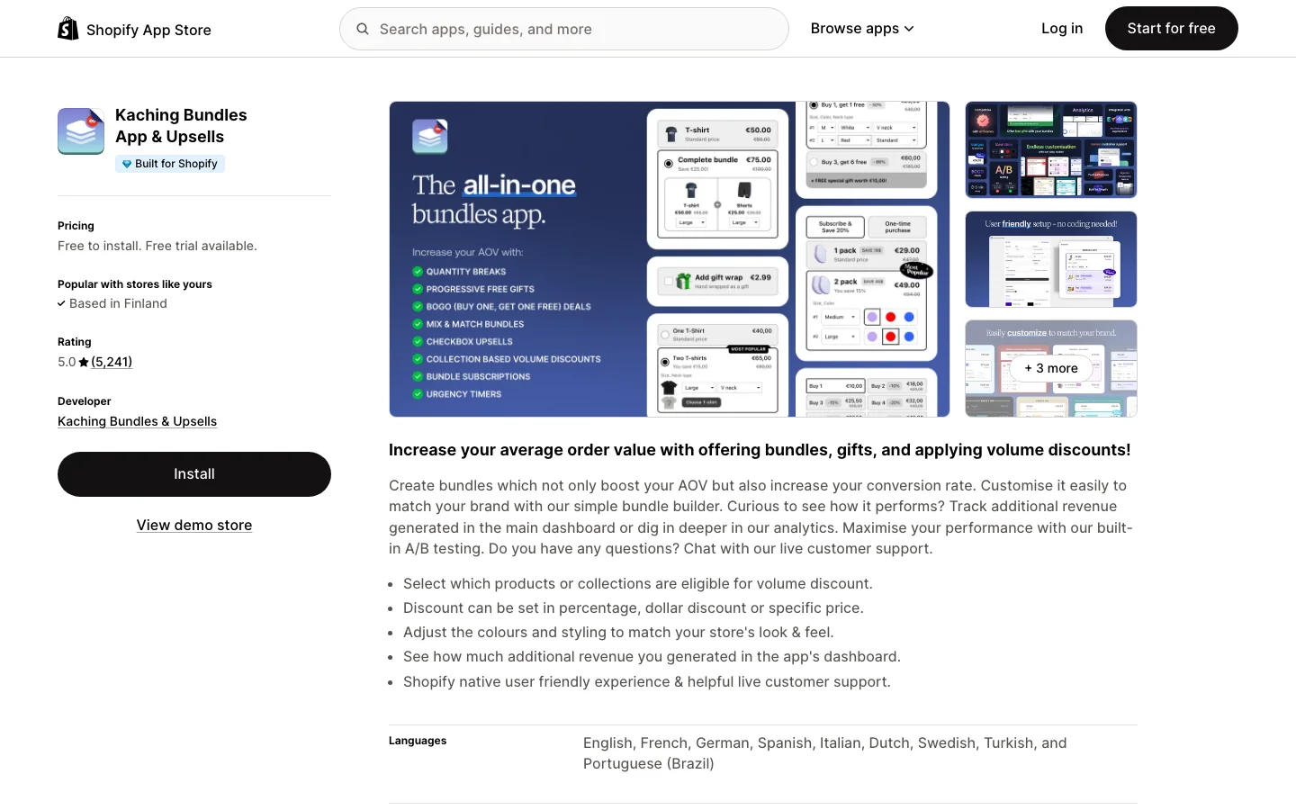 Kaching Bundles app listing on the Shopify App Store