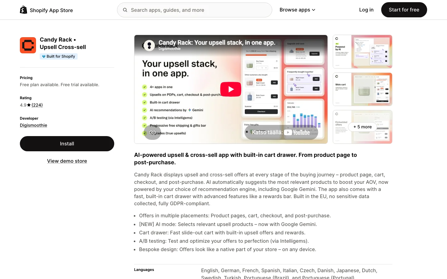 Candy Rack AI upsell app listing on the Shopify App Store