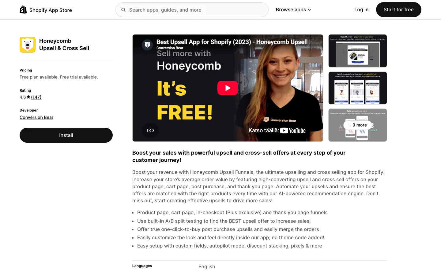Honeycomb post-purchase upsell funnels app listing on the Shopify App Store