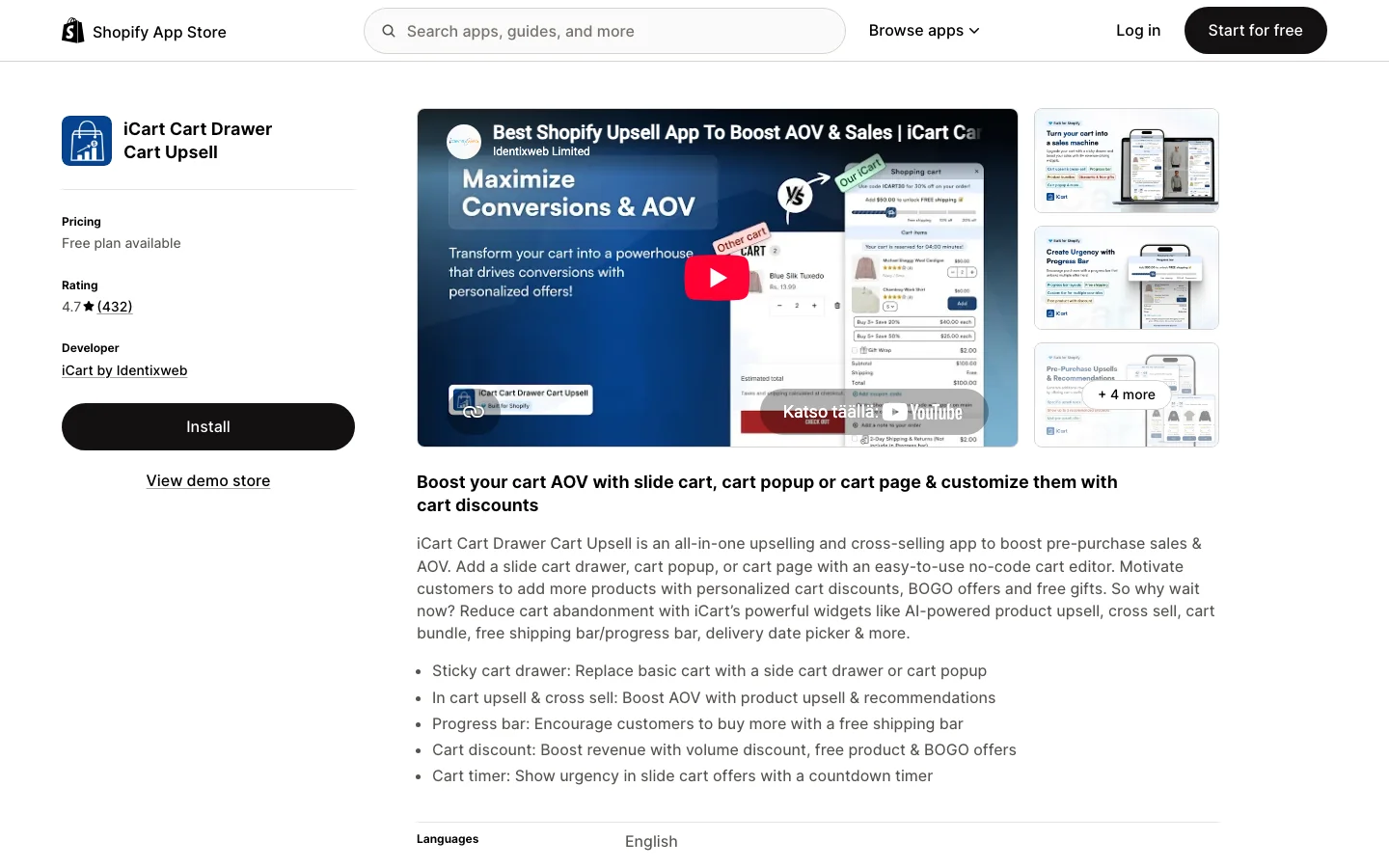iCart cart drawer app listing on the Shopify App Store