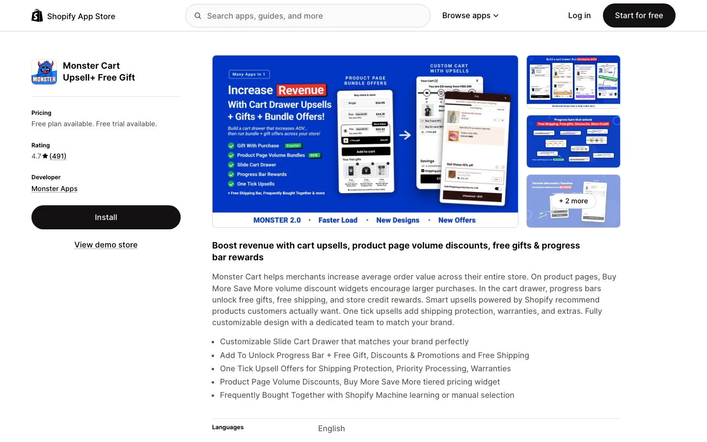 Monster Cart app listing on the Shopify App Store