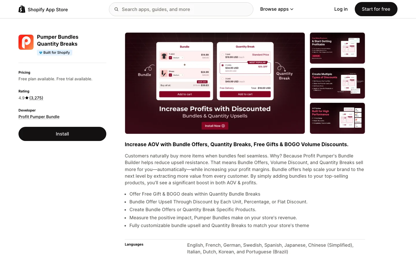 Pumper Bundles (Profit Pumper) app listing on the Shopify App Store
