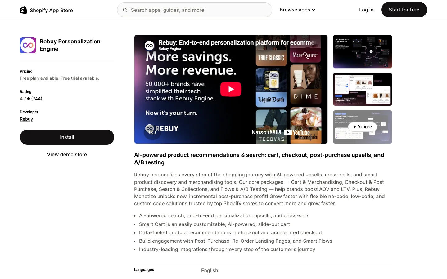 Rebuy personalization engine app listing on the Shopify App Store