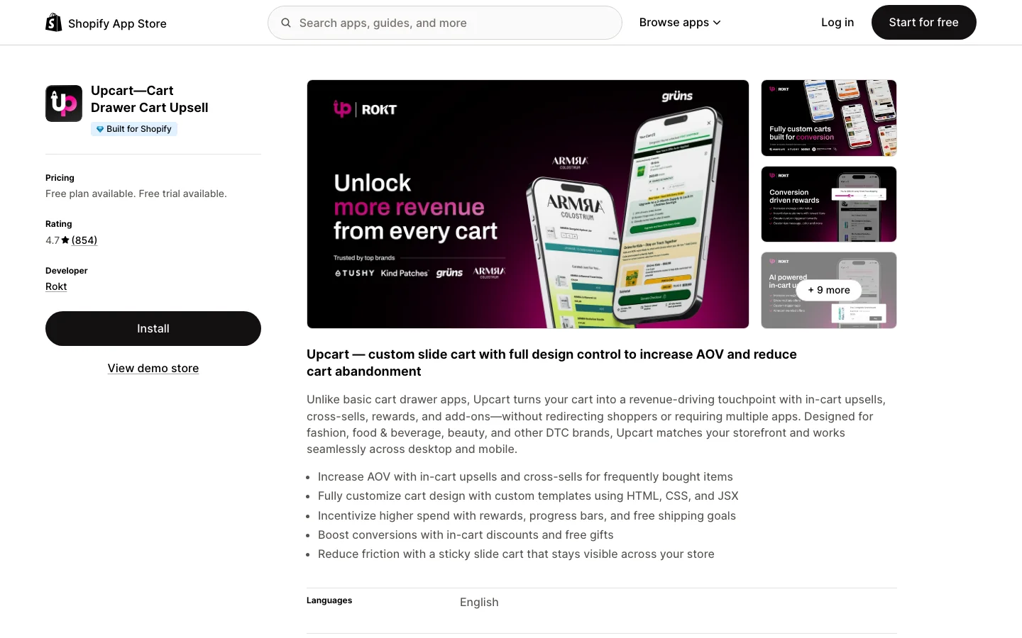 UpCart cart builder app listing on the Shopify App Store