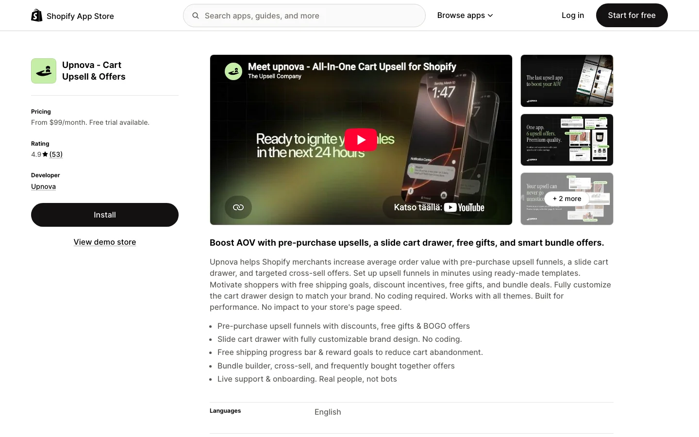 Upnova - Cart Upsell & Offers app listing on the Shopify App Store
