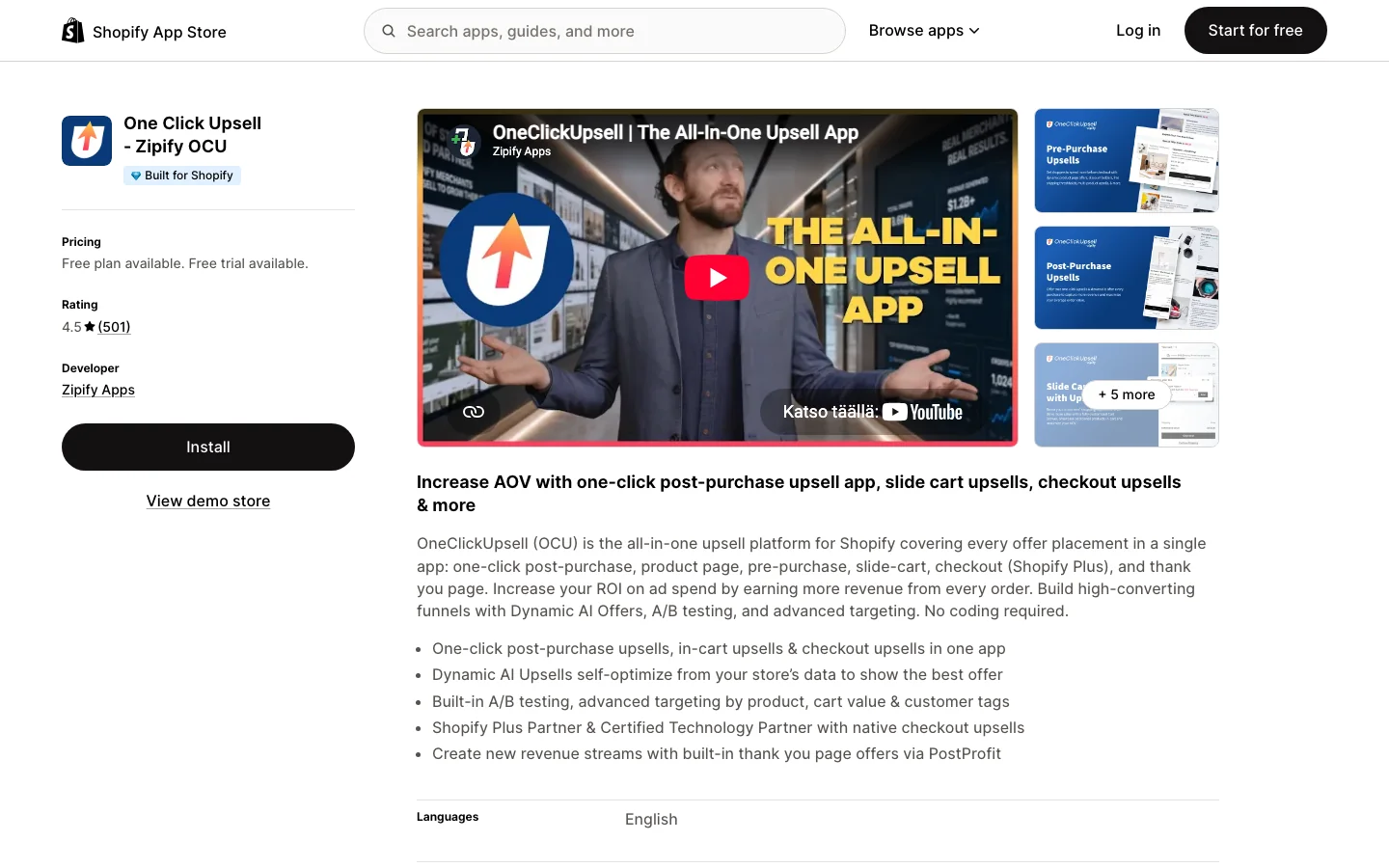 Zipify One Click Upsell (OCU) app listing on the Shopify App Store
