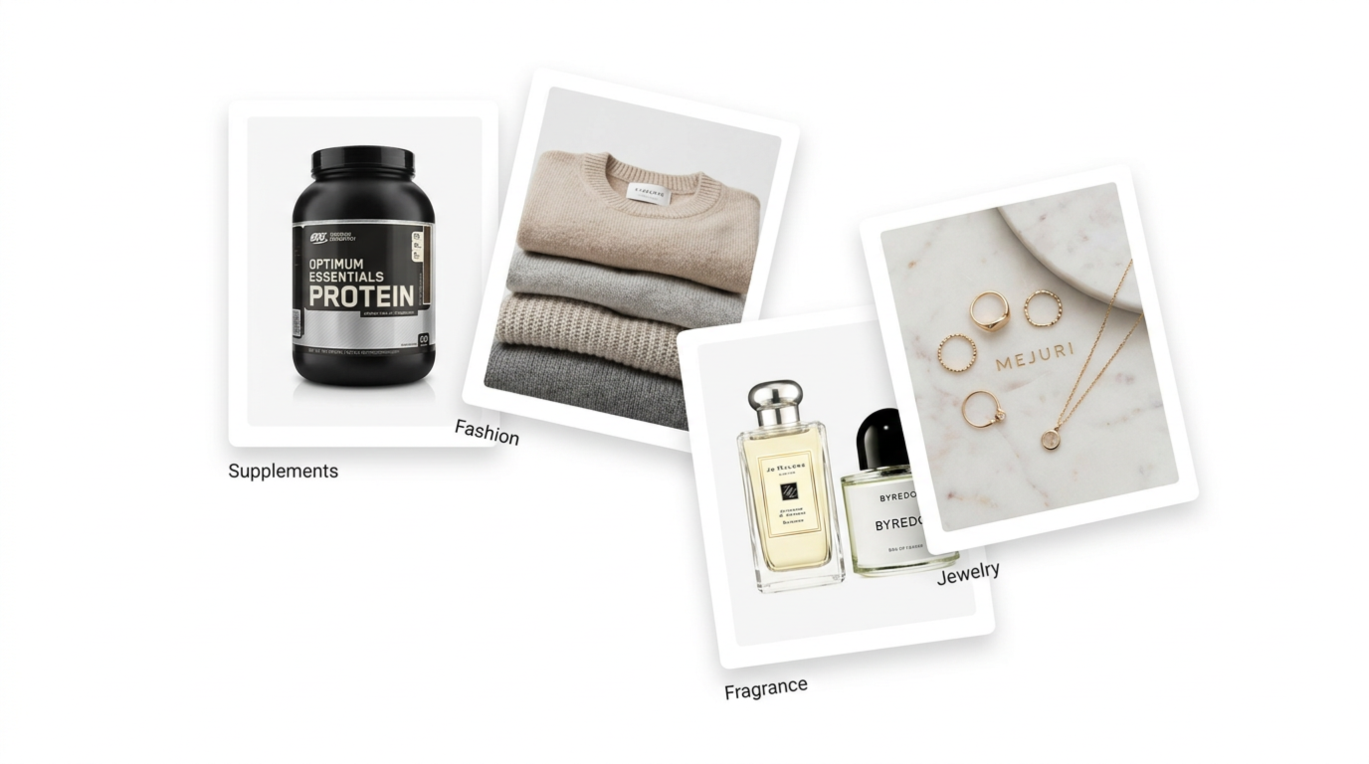 Four product cards showing Supplements, Fashion, Fragrance, and Jewelry — the store types that benefit most from Popup Upsell