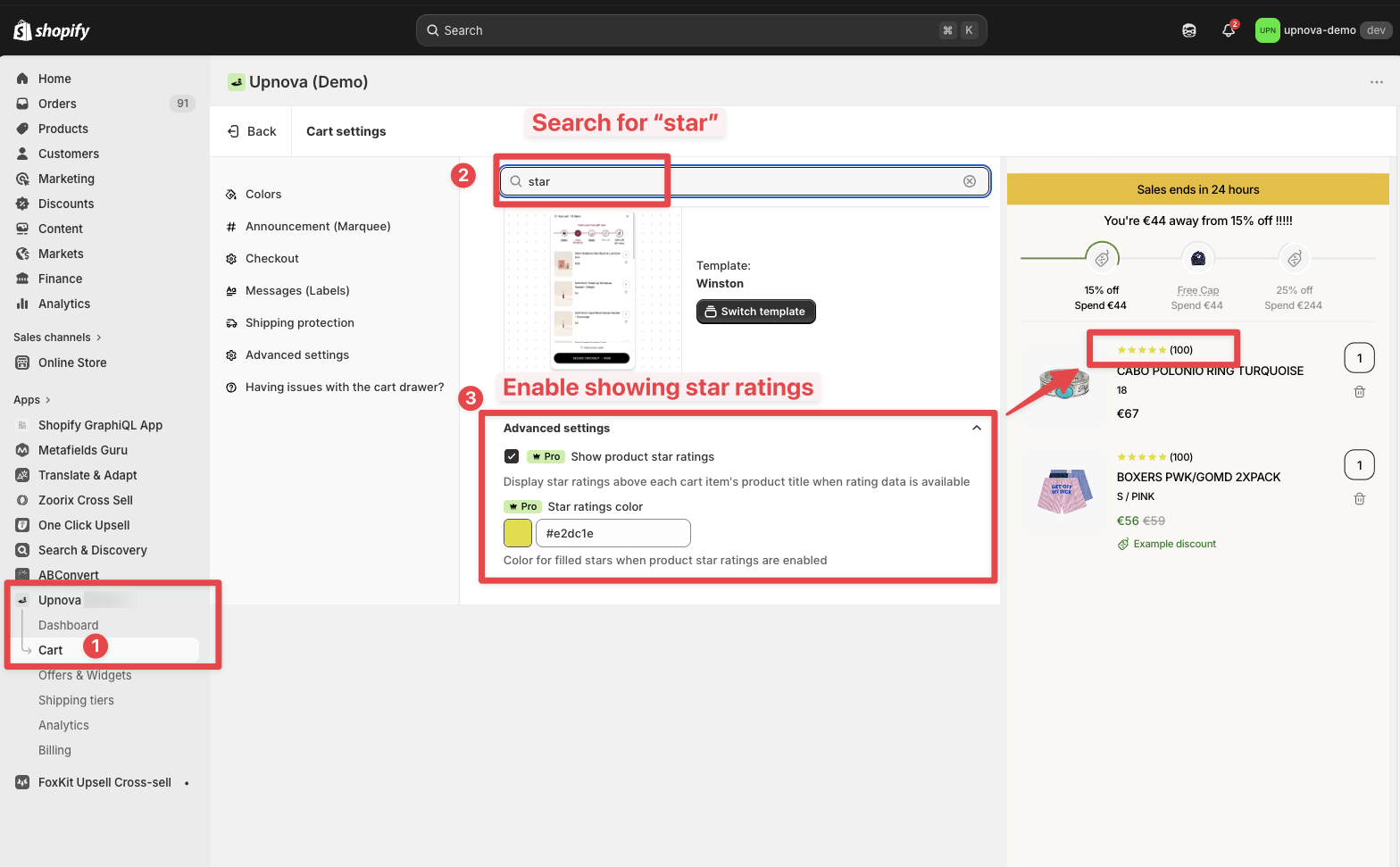 Enabling star ratings in the Upnova cart settings