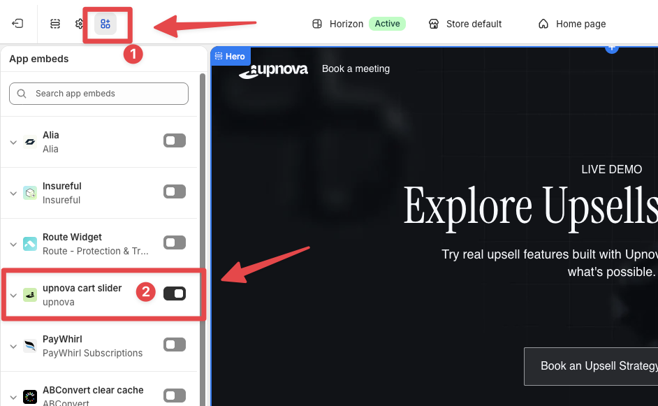 Enabling Upnova in the Shopify theme App Embeds panel