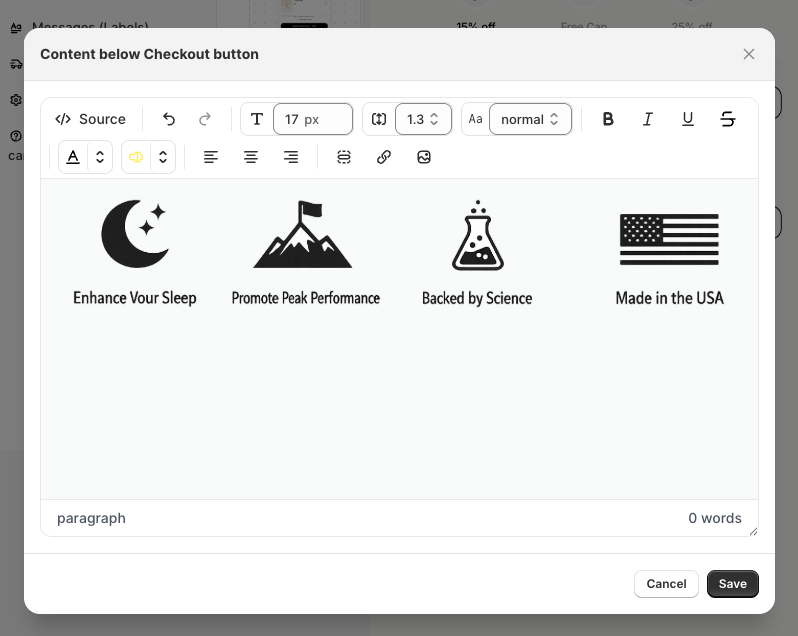 Pasting the trust badge image into the Upnova editor