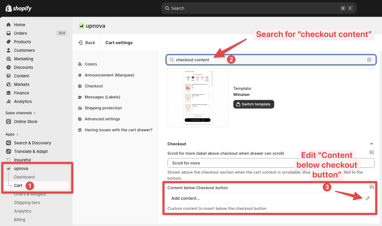 Editing the checkout content field in Upnova